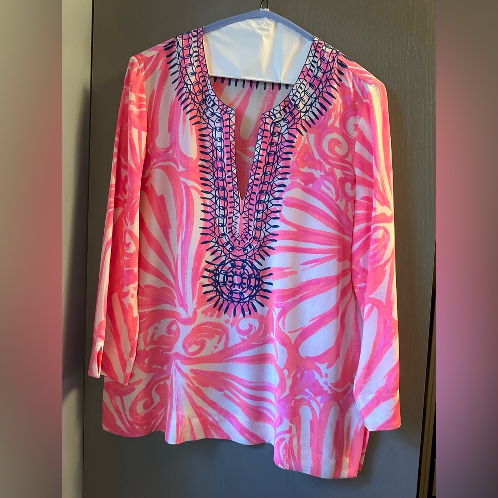 Lilly Pulitzer Hot Pink, White and Navy Silk Tunic Blouse - SMALL